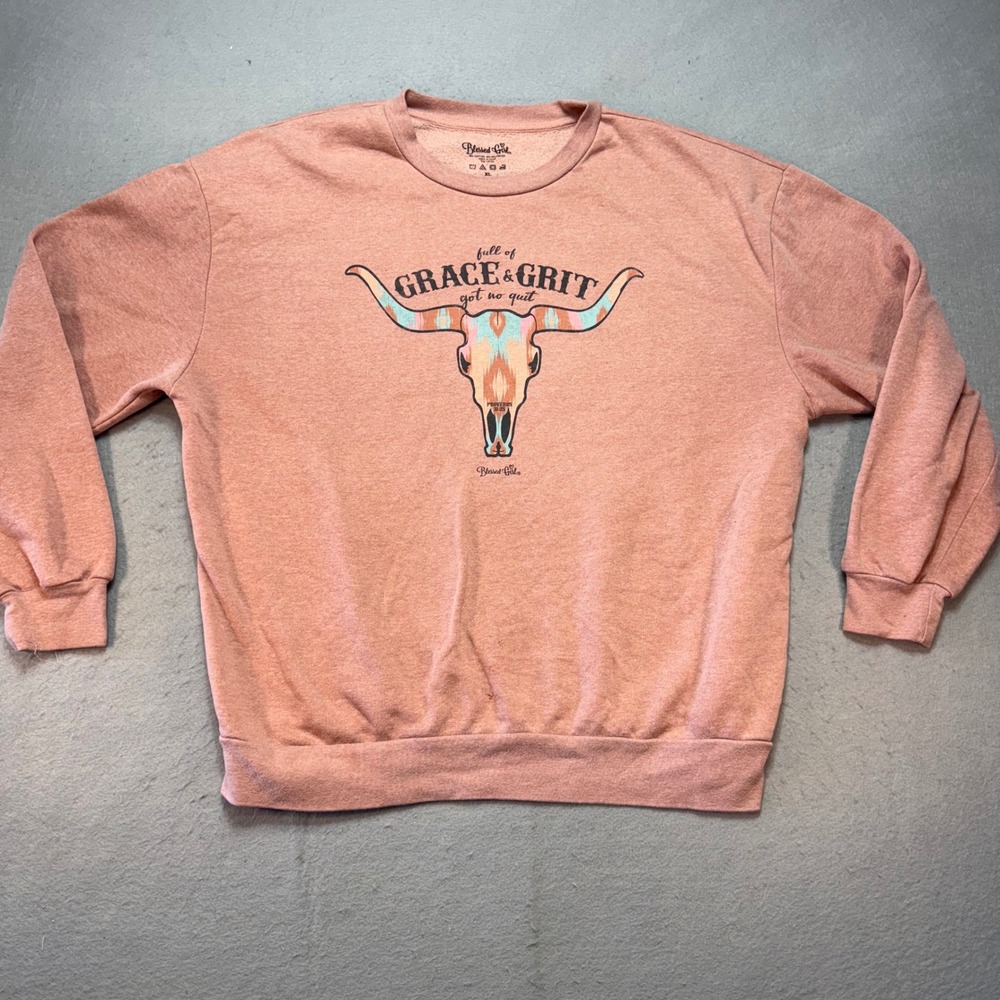 Blessed Girl‎ Grace and Grit Steer Skull Sweatshirt Proverbs 31:25 Size XL Faith
